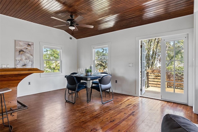 dining space featuring plenty of natural light, lofted ceiling, dark hardwood / wood-style flooring, and wood ceiling