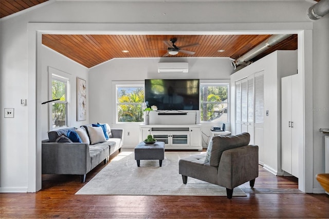 living room featuring vaulted ceiling, dark hardwood / wood-style flooring, a wall unit AC, and wood ceiling