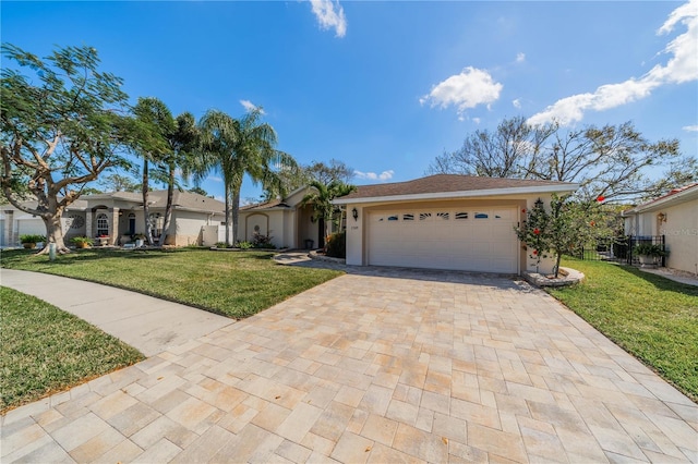 single story home featuring a garage and a front lawn