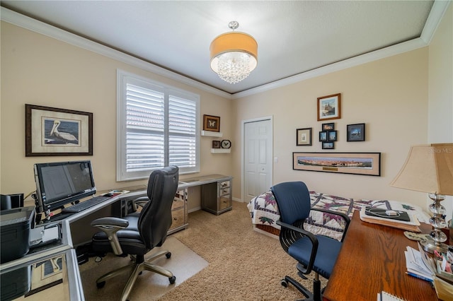 carpeted office space featuring ornamental molding and an inviting chandelier