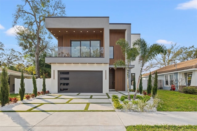 modern home featuring a balcony, a garage, and a front lawn