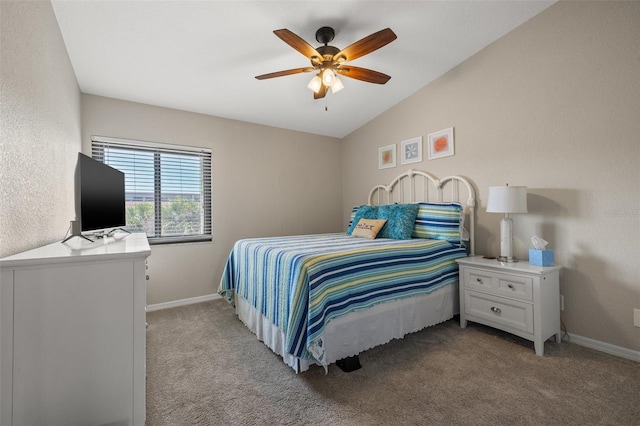 bedroom with lofted ceiling, light colored carpet, and ceiling fan