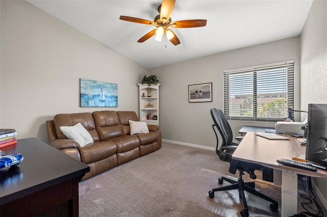 office featuring carpet, lofted ceiling, and ceiling fan