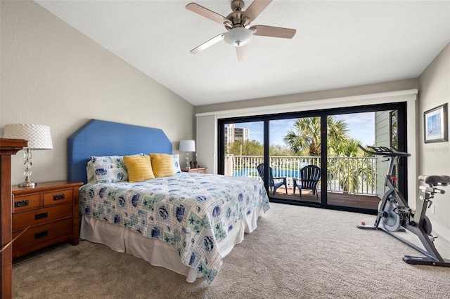 bedroom featuring vaulted ceiling, carpet floors, access to outside, and ceiling fan