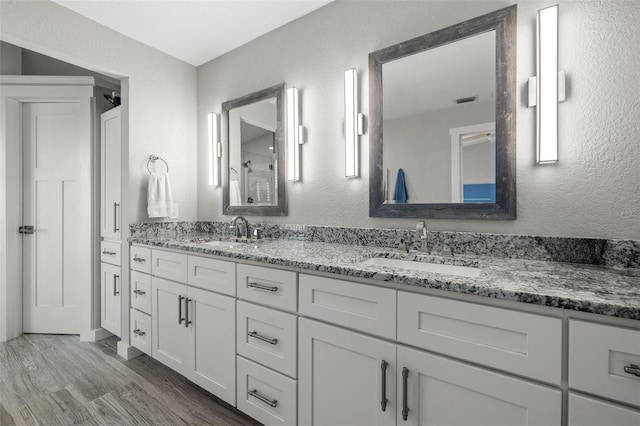 bathroom with vanity and wood-type flooring