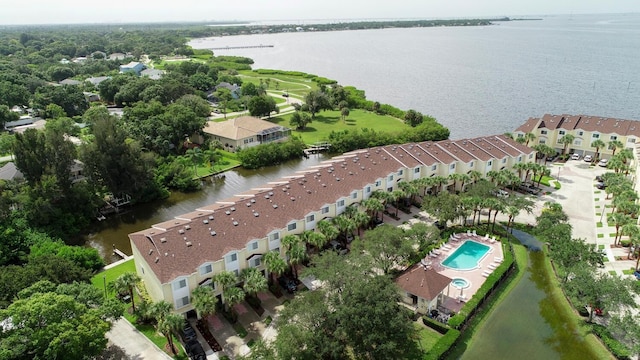 bird's eye view with a water view