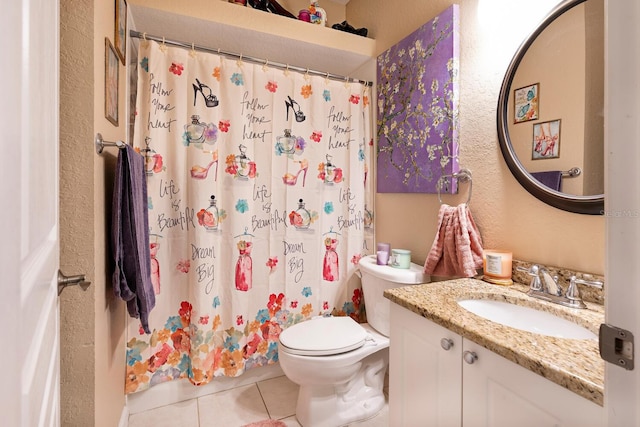 102 Brent Cir, Oldsmar, FL 34677 - bathroom with tile patterned floors, vanity, toilet, a textured wall, and a shower with shower curtain