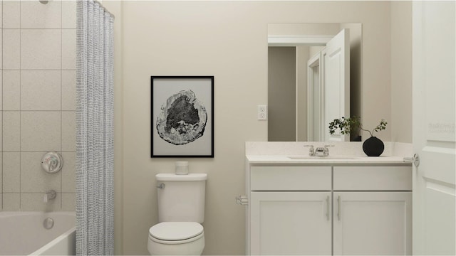 full bathroom with vanity, shower / bathtub combination with curtain, and toilet