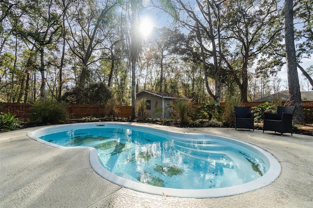 view of swimming pool featuring a patio and a shed