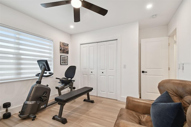 exercise room with ceiling fan and light wood-type flooring