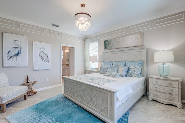 tiled bedroom featuring ornamental molding, ensuite bathroom, and a notable chandelier