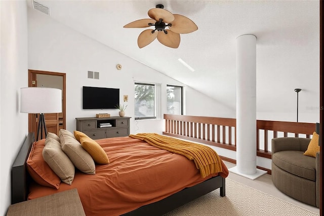 bedroom with lofted ceiling, light colored carpet, and ceiling fan