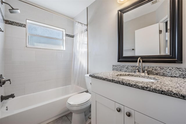 full bathroom with shower / bath combination with curtain, vanity, toilet, and tile patterned flooring