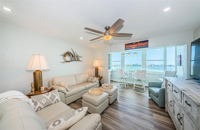 living room featuring wood-type flooring and ceiling fan