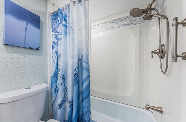 bathroom with shower / bathtub combination with curtain and toilet