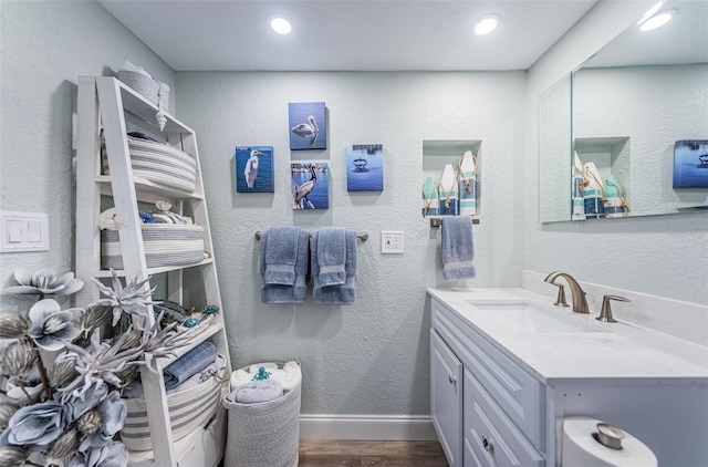 bathroom with vanity and wood-type flooring