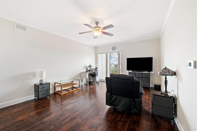 living room featuring crown molding, dark hardwood / wood-style floors, and ceiling fan