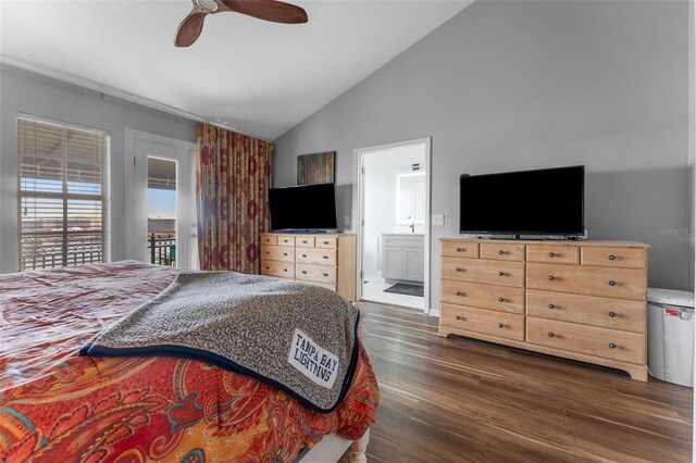 bedroom with vaulted ceiling, connected bathroom, access to outside, ceiling fan, and dark wood-type flooring