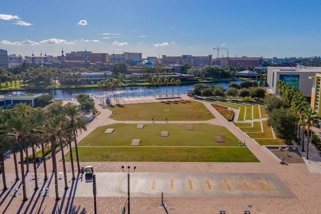 birds eye view of property featuring a water view