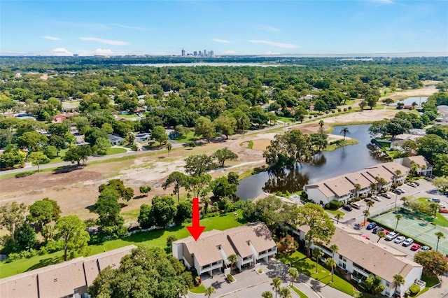 bird's eye view with a water view