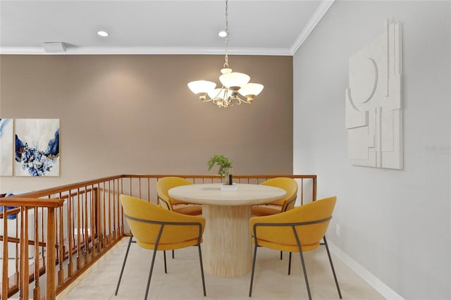 tiled dining room featuring an inviting chandelier and ornamental molding