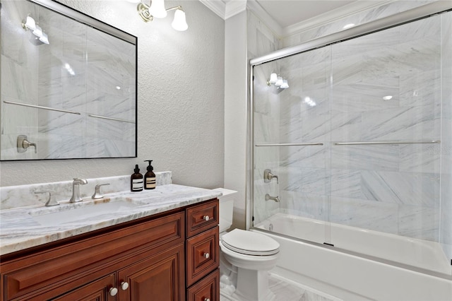 full bathroom with crown molding, vanity, toilet, and combined bath / shower with glass door