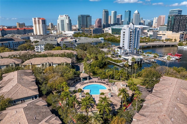 aerial view featuring a water view