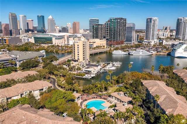 aerial view featuring a water view