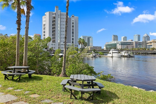 surrounding community featuring a dock and a water view