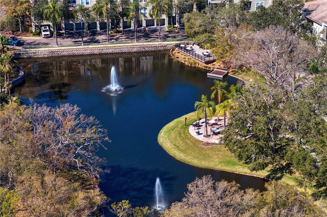 drone / aerial view with a water view