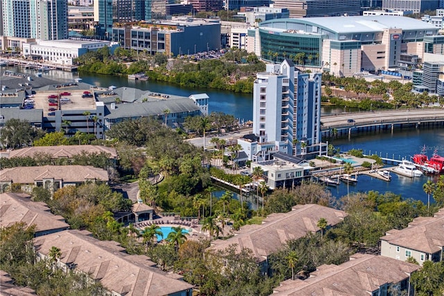 drone / aerial view featuring a water view