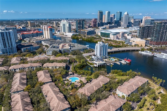 drone / aerial view featuring a water view