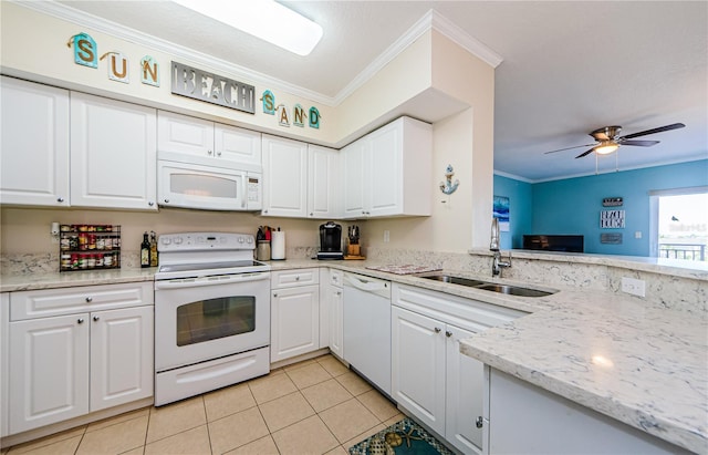 kitchen featuring crown molding, sink, white cabinets, and white appliances