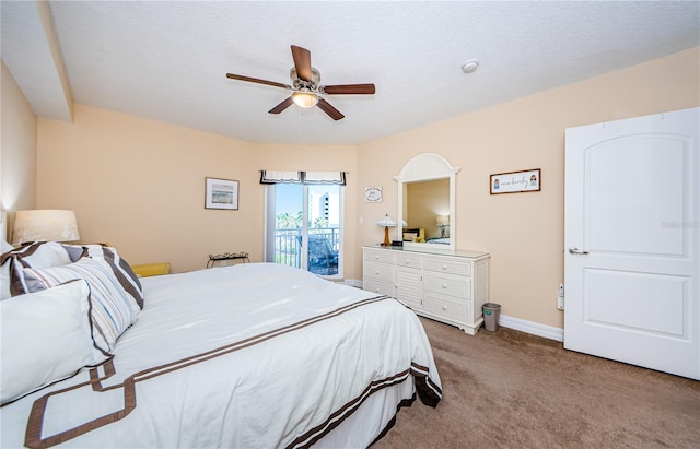 bedroom with light carpet and ceiling fan