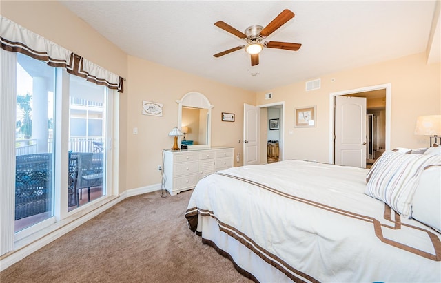 bedroom featuring ceiling fan, carpet flooring, and access to exterior