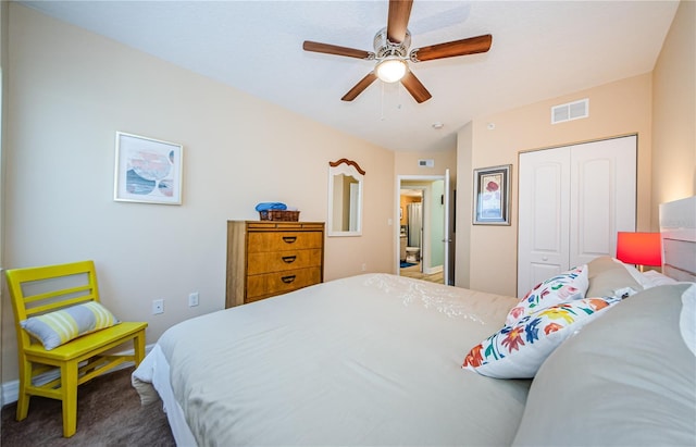 carpeted bedroom with ceiling fan and a closet