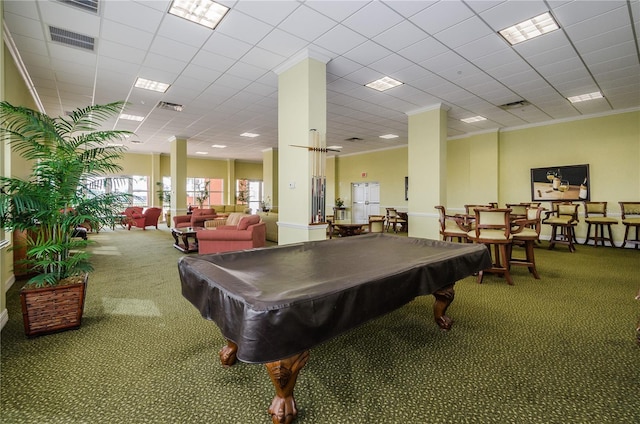 recreation room with crown molding, carpet flooring, and billiards