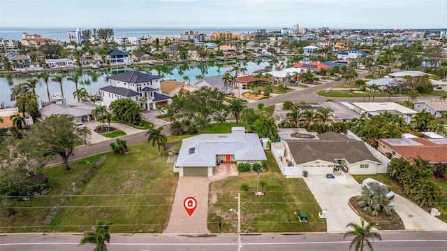 aerial view featuring a water view