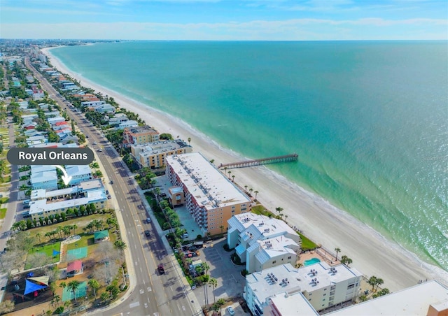 birds eye view of property featuring a view of the beach and a water view