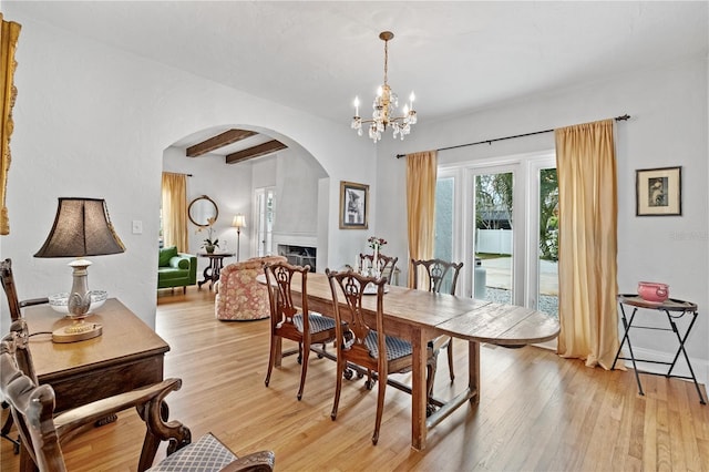 6010 17th Ave S, Gulfport, FL 33707 - dining area featuring beam ceiling, light hardwood / wood-style floors, and a notable chandelier