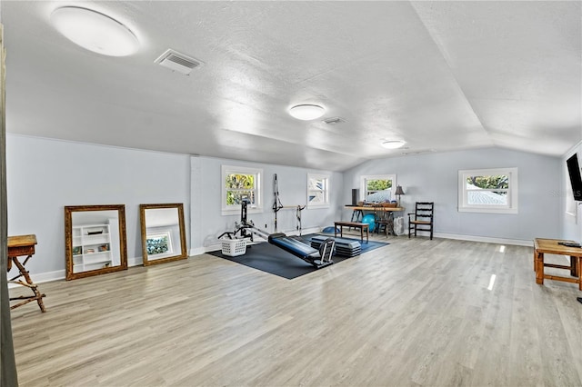6010 17th Ave S, Gulfport, FL 33707 - workout room featuring vaulted ceiling, a textured ceiling, and light hardwood / wood-style flooring