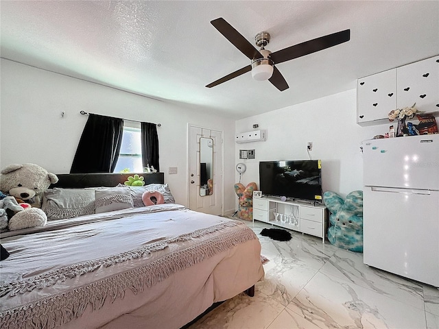 3911 Auburndale Ave, Orlando, FL 32839 - bedroom featuring white refrigerator, a textured ceiling, and ceiling fan