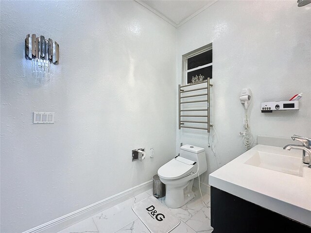 3911 Auburndale Ave, Orlando, FL 32839 - bathroom featuring vanity, ornamental molding, radiator heating unit, and toilet