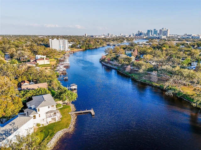 drone / aerial view featuring a water view