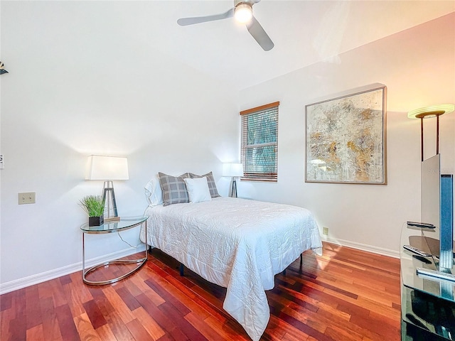 bedroom featuring wood-type flooring and ceiling fan