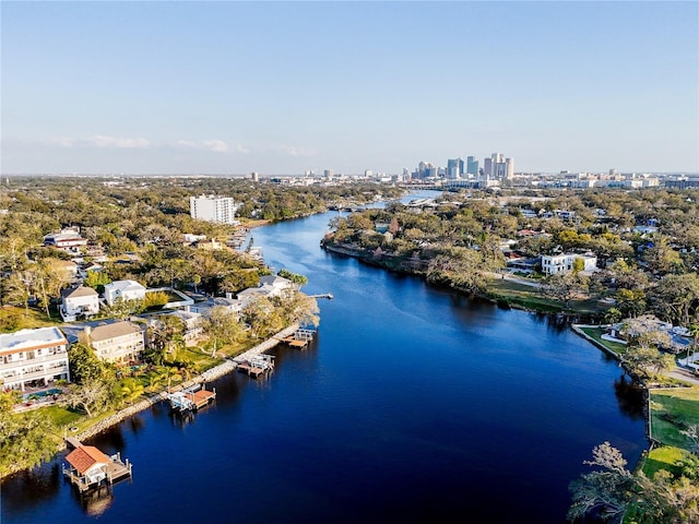 drone / aerial view with a water view