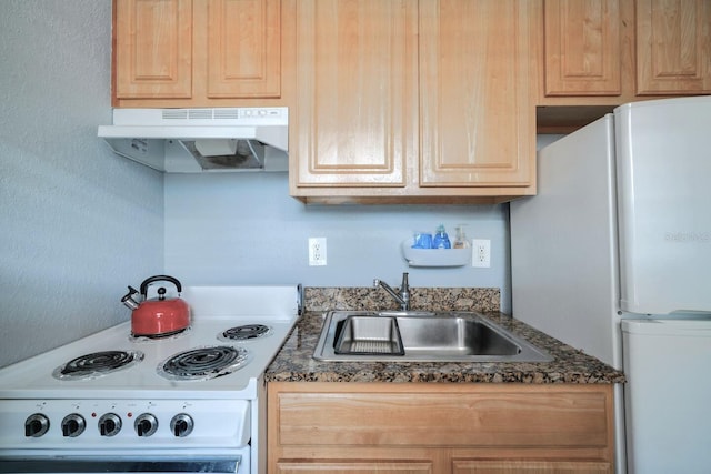 kitchen with sink, light brown cabinets, and white appliances