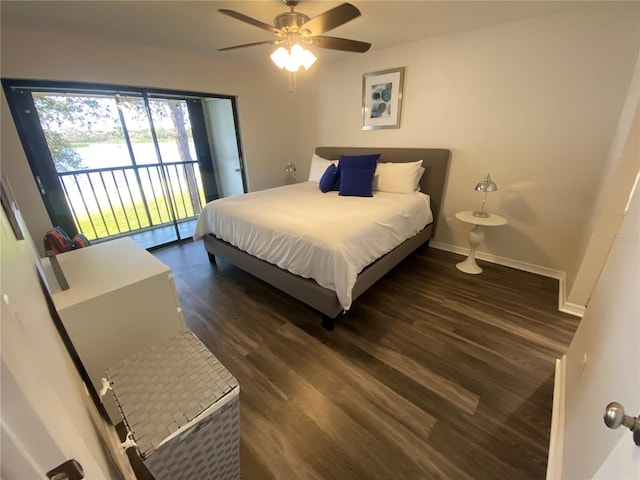 bedroom with ceiling fan, access to exterior, and dark hardwood / wood-style flooring