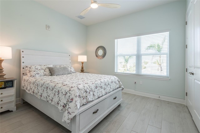 bedroom with light hardwood / wood-style floors and ceiling fan