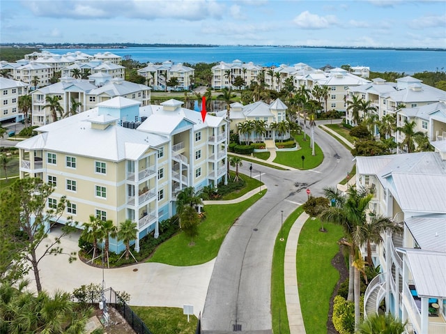 drone / aerial view featuring a water view